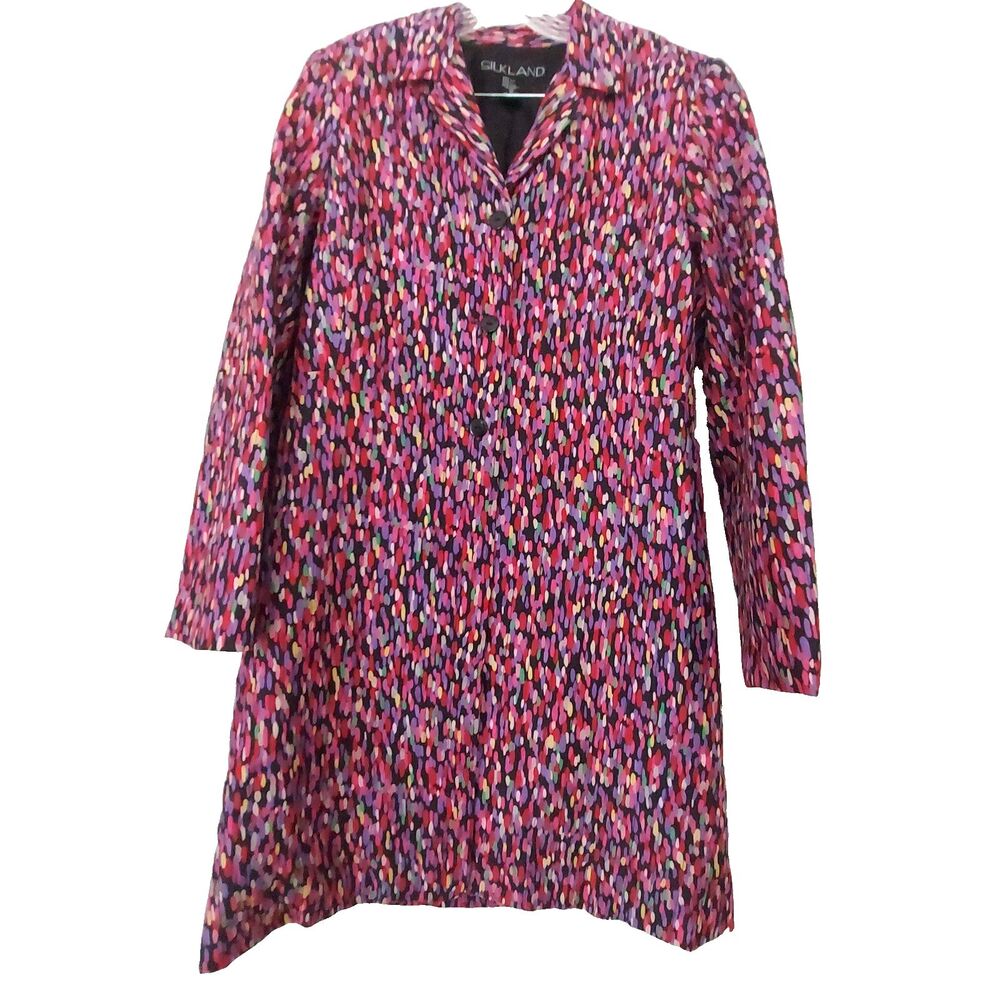 Silkland Confetti Print 100% Silk Long Blazer Size 10 Pink Purple